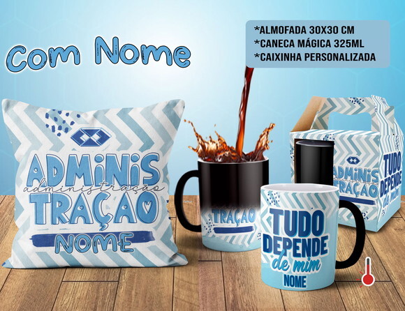 Caneca Mágica e Almofada Profissão Administração com Nome
