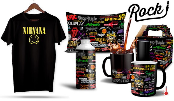 Caneca Mágica e Camiseta + Kit Bandas de Rock Nirvana -Md 02