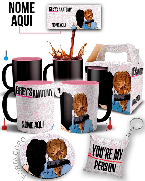Caneca Mágica Rosa + kit Série Grey's Anatomy Com Nome