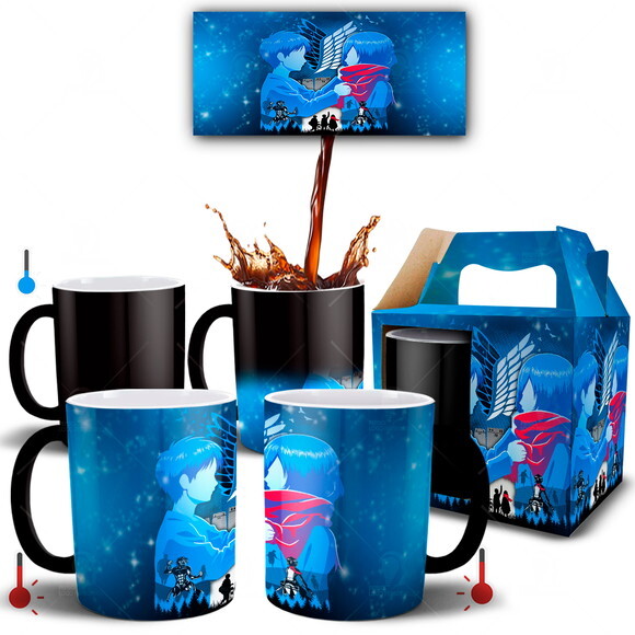 Caneca Mágica Shingeki no Kyojin Eren e Mikasa + Caixinha