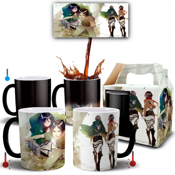 Caneca Mágica Shingeki no Kyojin Mikasa e Eren + Caixinha