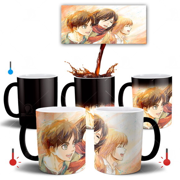 Caneca Mágica Shingeki no Kyojin Eren Mikasa Armin