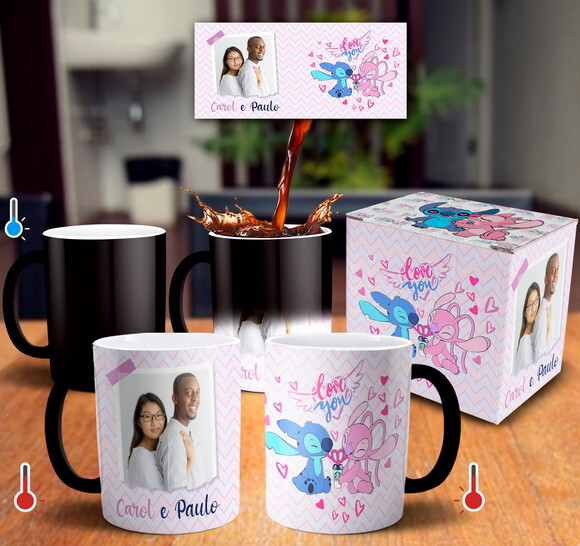 Caneca Mágica Stitch Presente Namorados com Foto e Nome