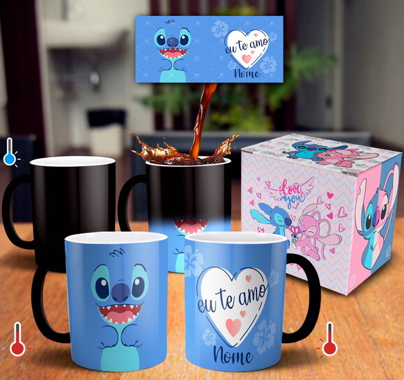 Caneca Mágica Stitch Presente Namorados com Nome - Mod 002