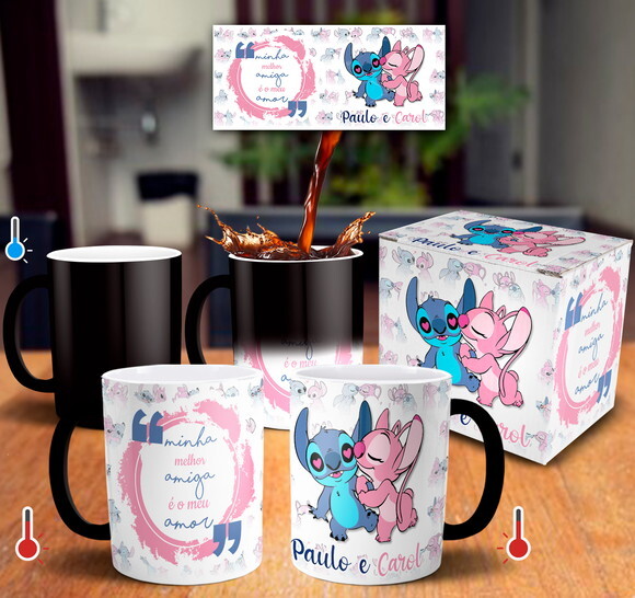 Caneca Mágica Stitch Presente Namorados com Nome - Mod 004