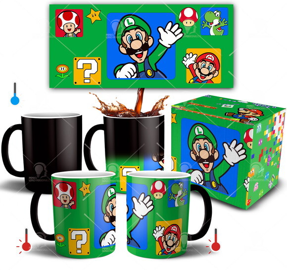 Caneca Mágica Super Mario brós e Luigi + Caixinha presente