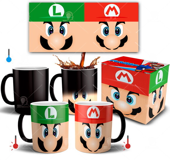 Caneca Mágica Super Mario Brós e Luigi + Caixinha Presente