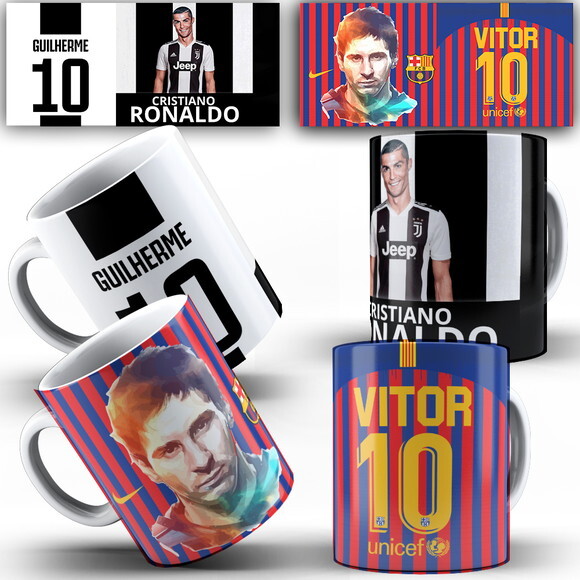 Caneca Personalizada Cr7 Ronaldo E Messi Com Nome 2 Unidades