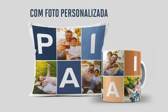 Caneca Personalizada e Almofada Dia dos Pais com 5 fotos