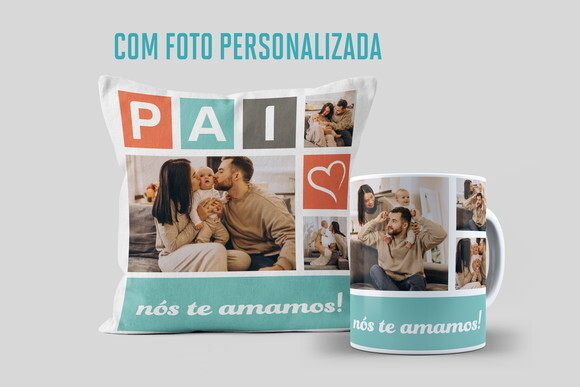 Caneca Personalizada e Almofada Dia dos Pais com 6 fotos