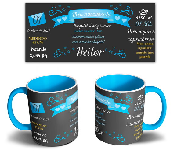 Caneca Plástico Azul Decorativa Meu Nascimento + Caixinha #1