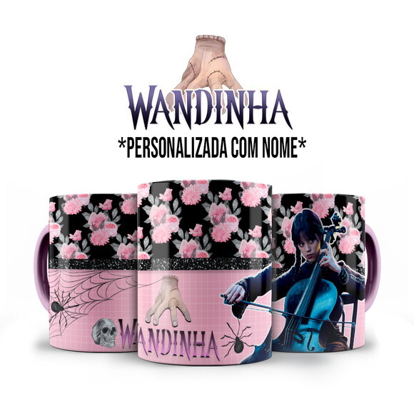 Caneca Rosa Série Wandinha com Nome Personalizado