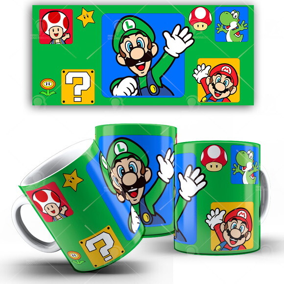 Caneca Super Mario brós e Luigi Game + Caixinha presente