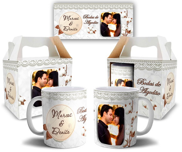 Kit 2 Canecas Bodas de Algodão com foto + Caixinha