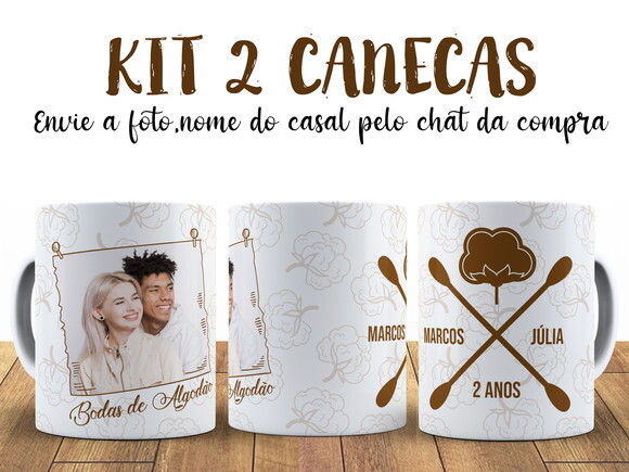 Kit 2 Canecas Bodas de Algodão com foto + Caixinha