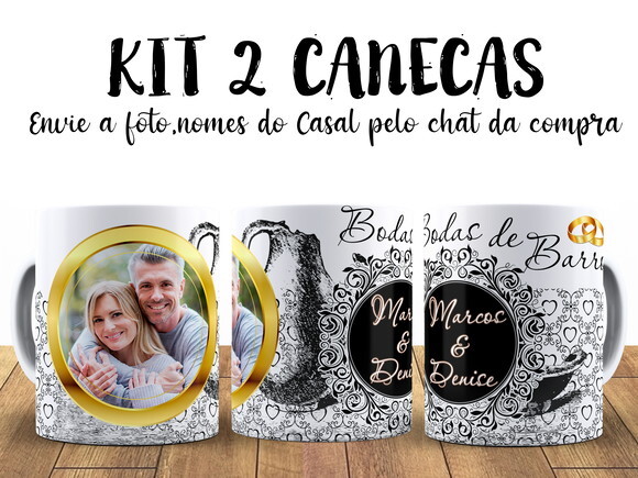 Kit 2 Canecas Bodas de Barro 8 anos com Foto + Caixinha