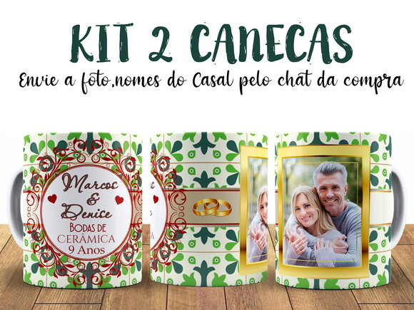 Kit 2 Canecas Bodas de Cerâmica 9 anos com Foto + Caixinha