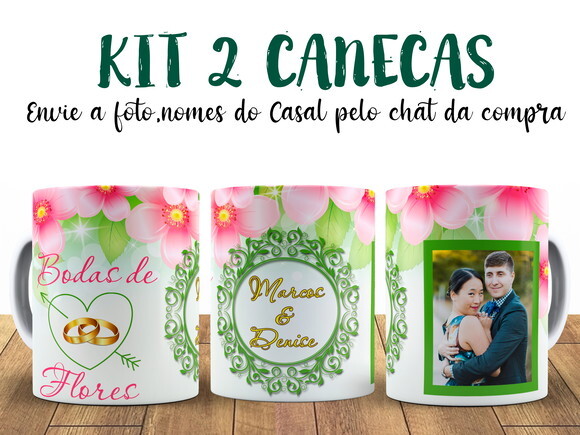 Kit 2 Canecas Bodas de flores 4 anos com Foto + Caixinha