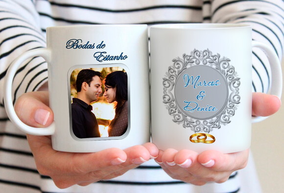 Kit 2 Canecas Bodas de Estanho com Foto + Caixinha