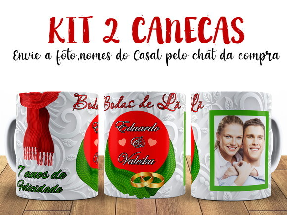 Kit 2 Canecas Bodas de Lã 7 anos com Foto + Caixinha
