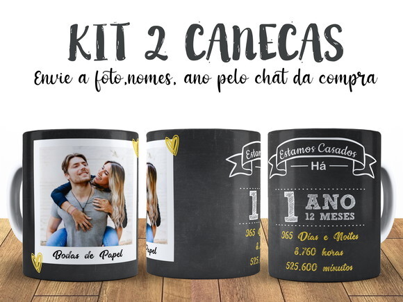 Kit 2 Canecas Bodas de Papel 1 ano com Foto + Caixinha