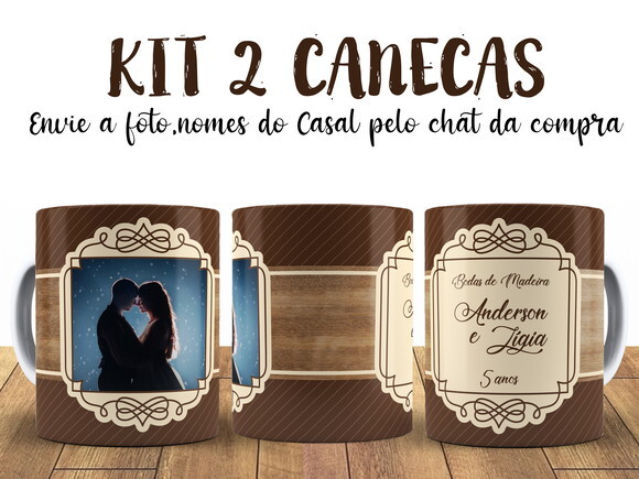 Kit 2 Canecas Bodas de Madeira 5 anos com Foto + Caixinha