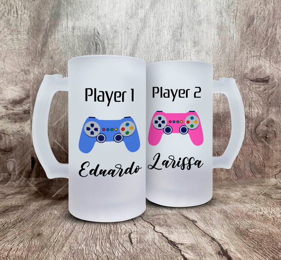 Kit 2 Canecas de Chopp Vidro Play 1 e Play 2 com Nome