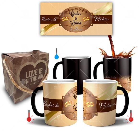 Kit 2 Canecas Mágica Bodas de Madeira + Caixinha