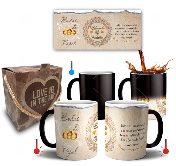 Kit 2 Canecas Mágica Bodas de Papel + Caixinha