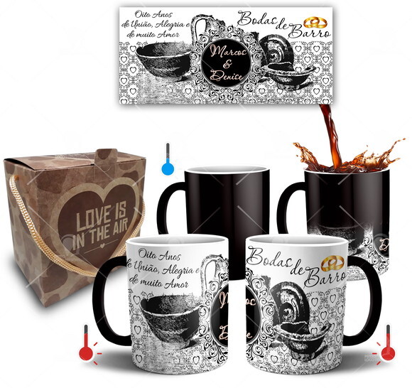 Kit 2 Canecas Mágicas Bodas de Barro + Caixinha