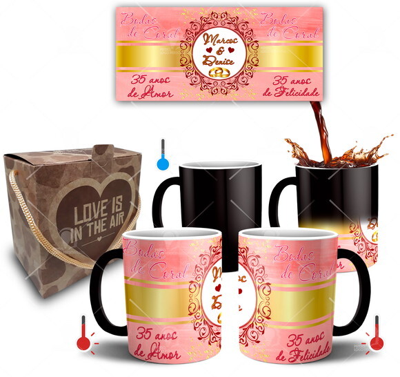 Kit 2 Canecas Mágicas Bodas de Coral + Caixinha