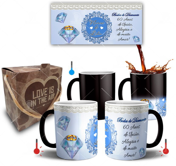 Kit 2 Canecas Mágicas Bodas de Diamante + Caixinha