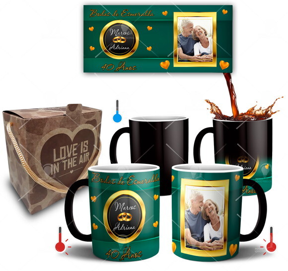 Kit 2 Canecas Mágicas Bodas de Esmeralda com Foto + Caixinha