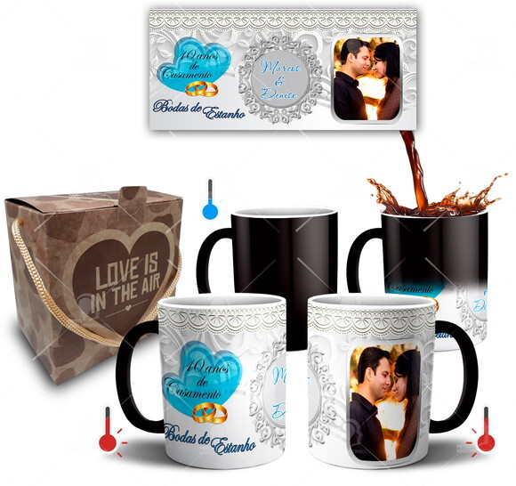 Kit 2 Canecas Mágicas Bodas de Estanho com Foto + Caixinha