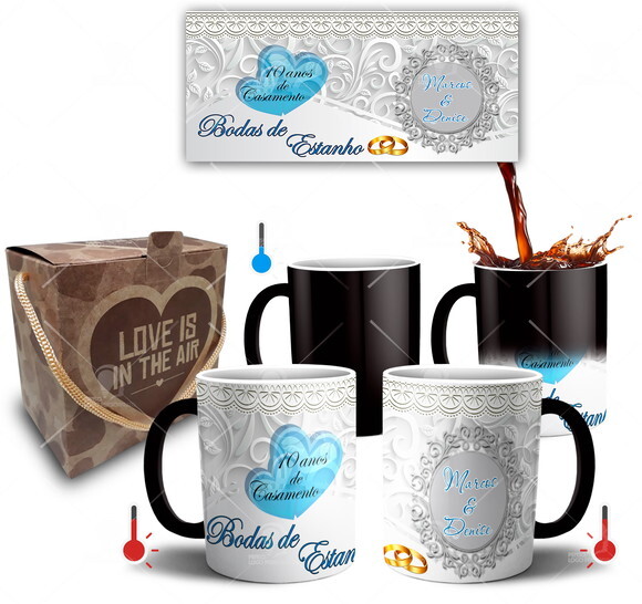 Kit 2 Canecas Mágicas Bodas de Estanho + Caixinha