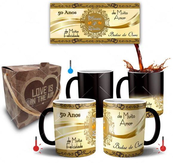Kit 2 Canecas Mágicas Bodas de Ouro + Caixinha