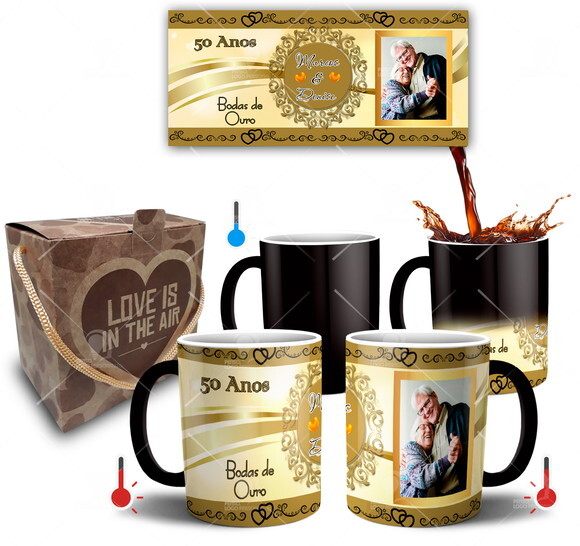 Kit 2 Canecas Mágicas Bodas de Ouro com Foto + Caixinha