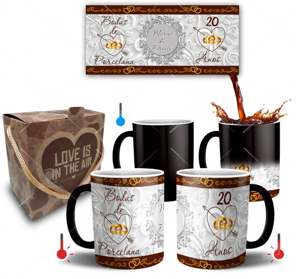 Kit 2 Canecas Mágicas Bodas de Porcelana + Caixinha