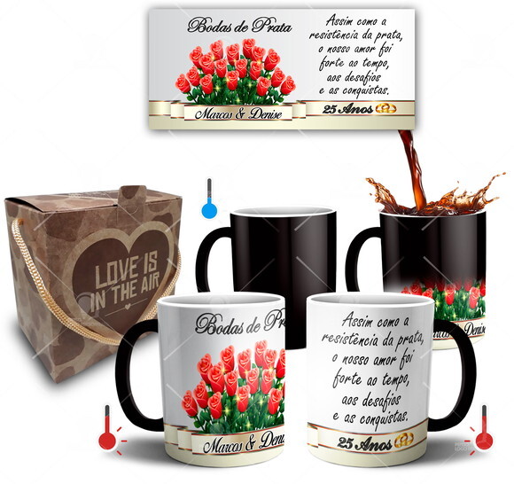 Kit 2 Canecas Mágicas Bodas de Prata + Caixinha