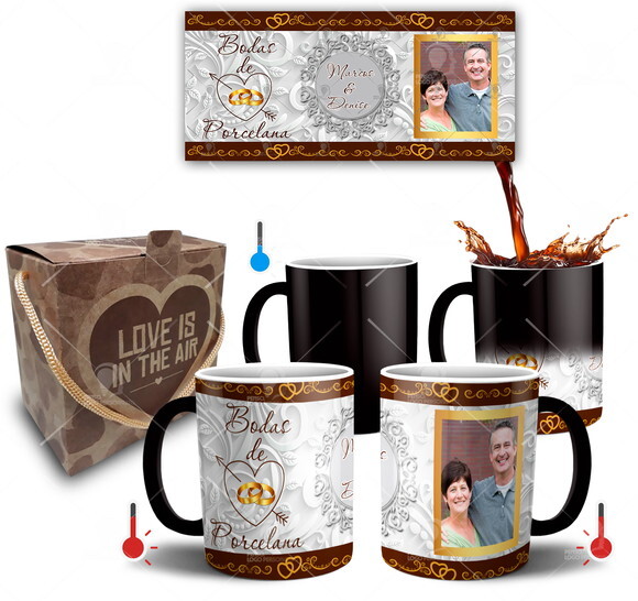 Kit 2 Canecas Mágicas Bodas de Porcelana com Foto + Caixinha