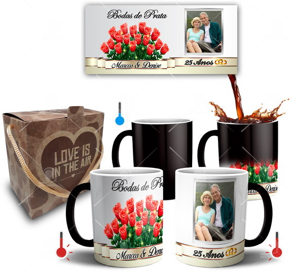 Kit 2 Canecas Mágicas Bodas de Prata com Foto + Caixinha
