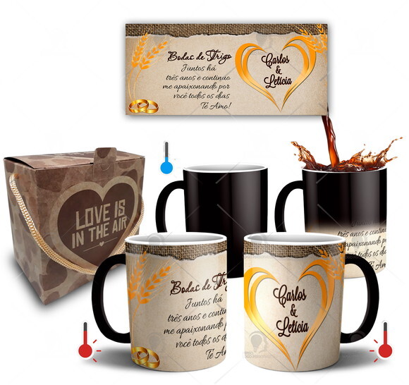Kit 2 Canecas Mágicas Bodas de Trigo + Caixinha
