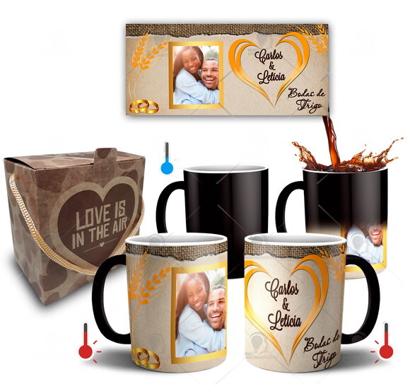 Kit 2 Canecas Mágicas Bodas de Trigo com foto + Caixinha