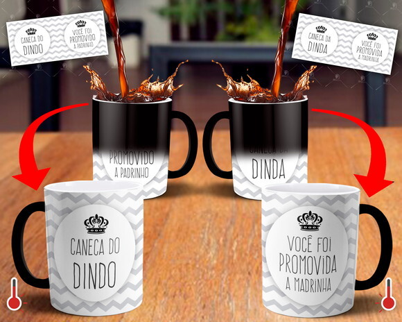 Kit 2 Canecas Mágicas Dindo e Dinda Batizado - Mod 001