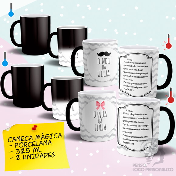 Kit 2 Canecas Mágicas Dindo e Dinda Batizado - Mod 004
