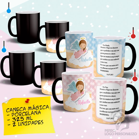 Kit 2 Canecas Mágicas Dindo e Dinda Batizado - Mod 005