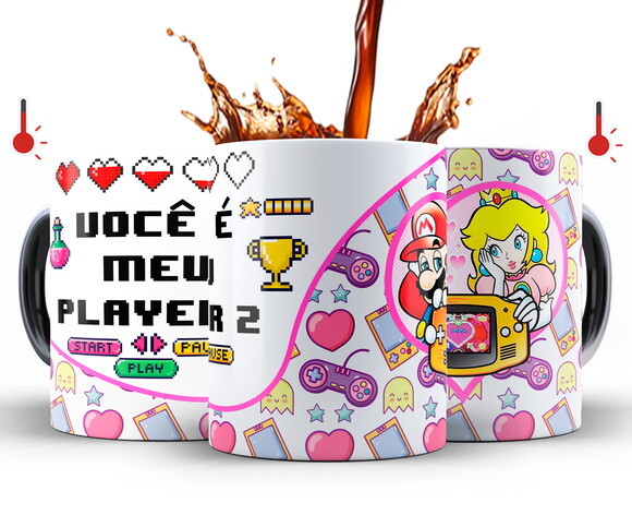 Kit 2 Canecas Mágicas Game Super Mário Casal Player 1 e 2