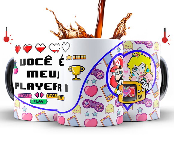 Kit 2 Canecas Mágicas Game Super Mário Casal Player 1 e 2