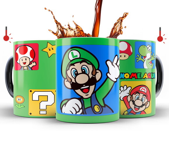 Kit 2 Canecas Mágicas Super Mário Bros e Luigi com nome