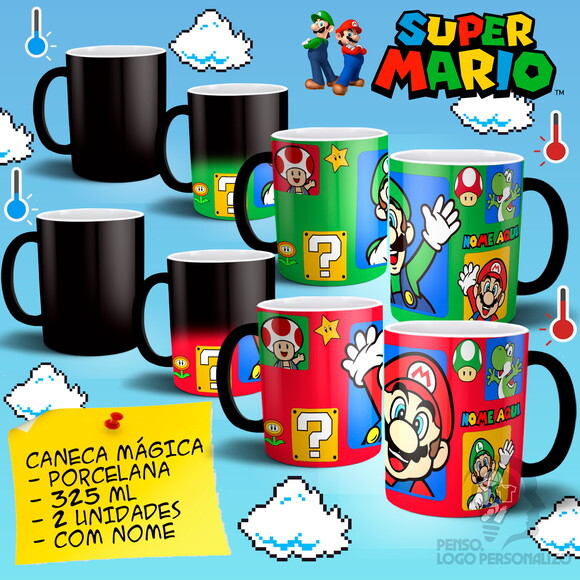 Kit 2 Canecas Mágicas Super Mário Bros e Luigi com nome